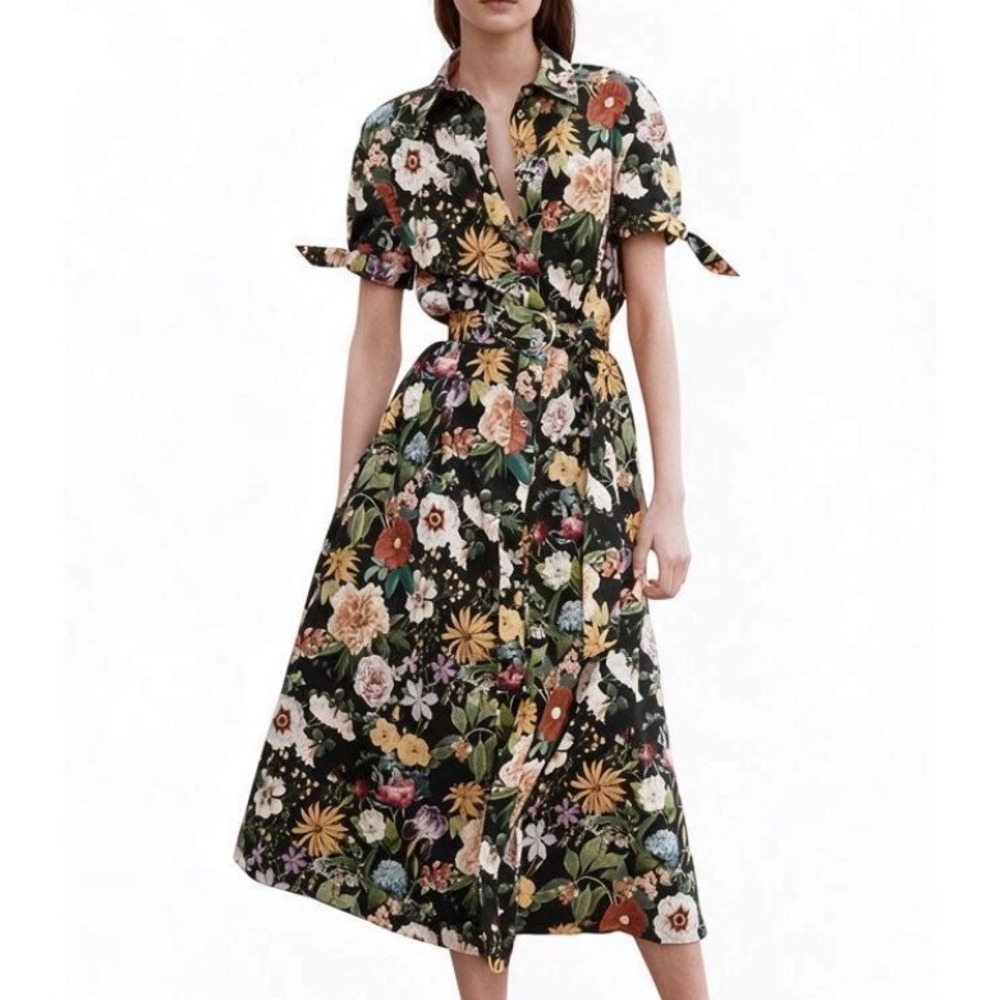 ZARA Poplin Belted Shirt Dress BLACK w/VIBRANT FLORAL COLORS Button-Up Midi SZ M
